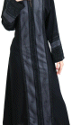 Abaya Dubai noire satinee avec nombreux strass noirs et broderies avec son echarpe assortie