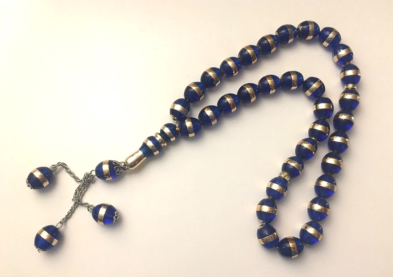 Chapelet translucide Sabha musulman 33 grains (grosses perles) de luxe de  couleur bleu doré