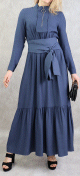 Robe longue style casual avec ceinture a nouer pour femme - Couleur Bleu