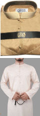 Qamis traditionnel homme de qualite superieure couleur camel et beige tissu satine avec boutons pression decores