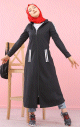 Cardigan long a capuche - Robe zippee style sportswear pour femme voilee - Couleur Noir
