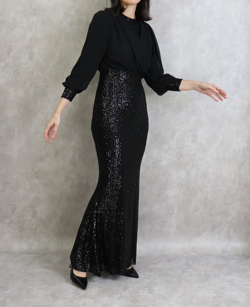 Robe de soirée longue à strass de couleur noire brillante pour femme  (Classe chic et pas cher)