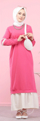 Robe longue moderne et decontractee bi-couleur pour femme voilee (Robes Hijab pas cher) - Couleur rose fuchsia et blanc