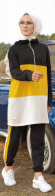 Ensemble survêtement tricolore pour femme : tunique zippée à capuche et pantalon (Vetement islam) - Couleur noir blanc et Jaune Ensemble survetement tricolore pour femme : tunique zippee a capuche et pantalon (Vetement islam) - Couleur noir blanc et Jaune