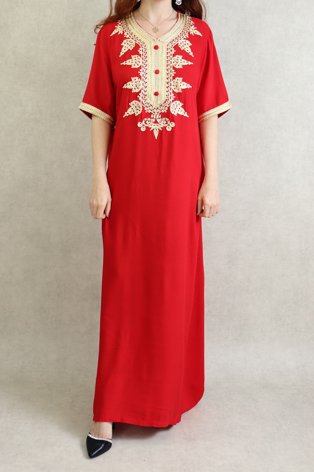 Robe Orientale Algérienne manches courtes avec broderies style simple pour  la maison - Couleur rouge