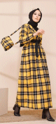 Ensemble Robe a carreaux avec sac a main assorti - Couleur noir et jaune moutarde