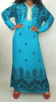 Robe orientale maxi-longue avec motifs noirs cachemire en coton pour femme - Couleur bleu turquoise