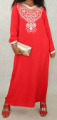 Robe orientale longue a strass et broderies en coton pour femme - Couleur rouge